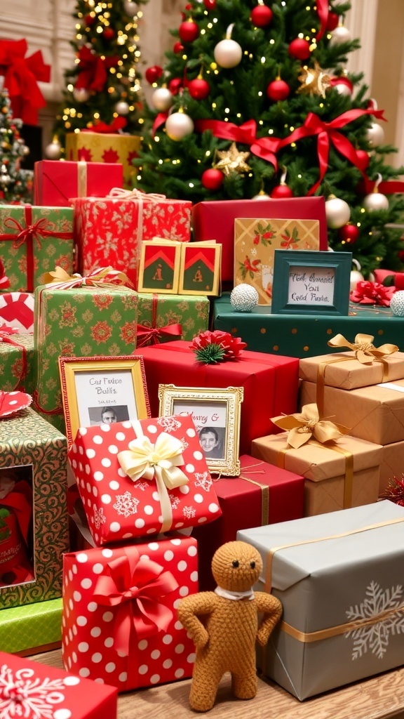 A collection of Christmas gifts including wrapped presents, personalized items, and holiday decorations.